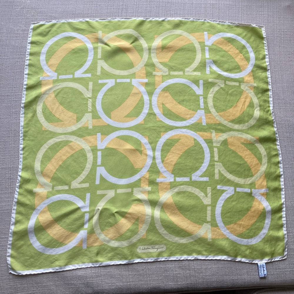 Salvatore Ferragamo 100% silk scarf, hand stitched edges, square